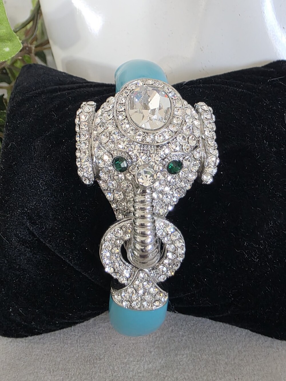 Dazzling Rhinestone Elephant Turquoise Enamel Clamper Statement Bracelet